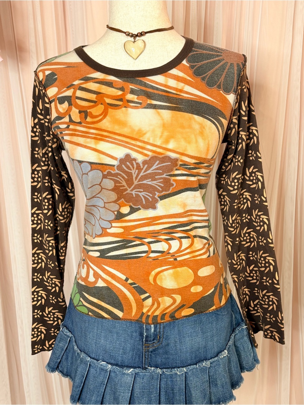 Vintage Y2K Made in Spain Abstract Floral Mesh Top Long Sleeve